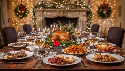 Fototapeta premium Festive Christmas dinner table set for a holiday celebration, featuring roasted turkey, multiple dishes, and sparkling lights