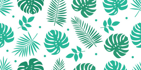 modern green tropical leaves seamless pattern background . tropical plants and palm tree illustrations © ikkiae01