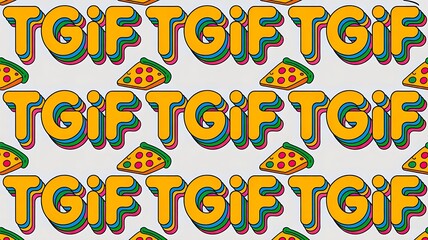 Naklejka premium Colorful TGIF text pattern with pizza slices on bright playful background celebrating friday fun concept