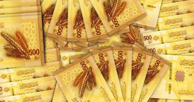 Syria pounds Syrian money banknotes in a cash fan mosaic pattern loop. 500 SYP notes. Abstract concept of bank, finance, economy seamless and looped design background.