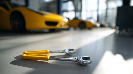 Fototapeta premium Close-up of chrome wrenches with yellow handles on a clean garage floor, offering a subtle hint of a luxury sports car in the background, out of focus