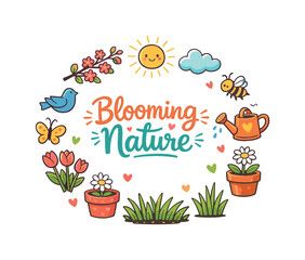 Fototapeta premium Blooming Nature. Hand drawn illustration of Blooming Nature. flower branch, bird silhouette, butterflies,