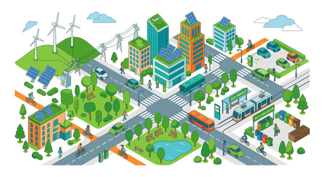 Sustainable city landscape featuring renewable energy sources and urban life