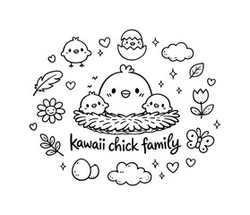 Fototapeta premium kawaii chick family. Hand-drawn doodle illustration of kawaii chick family. In the middle, one slightly larger