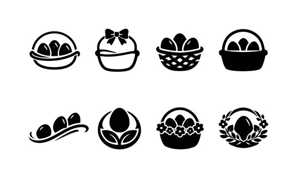 One stroke easter basket collection. Filled icon set of One stroke easter basket collection: continuous egg
