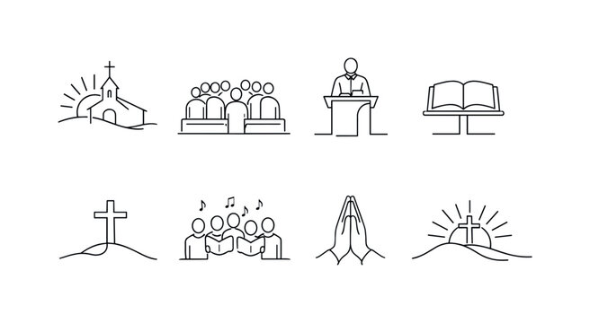 "Sunday Worship". Minimalistic set one-line drawing church with cross on top, congregation standing in pews,