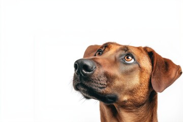 Photo of a brown dog looking up, isolated on a white background.