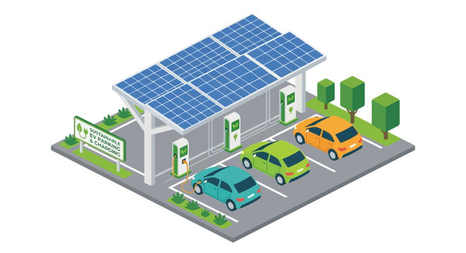 Isometric illustration of an electric vehicle charging station with solar panels