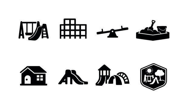 Children park outline collection. Filled icon set of Children park outline collection: swing and slide combo,