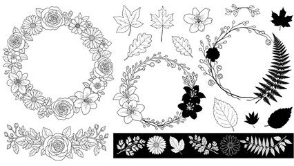 Obraz premium Various floral wreaths and leaves are arranged with some illustrations.