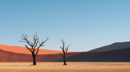 Fototapeta premium Dead leafless tree silhouette on arid desert plain under clear blue sky