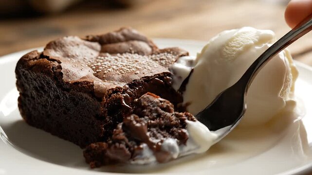 Brownie with melting ice cream dessert.