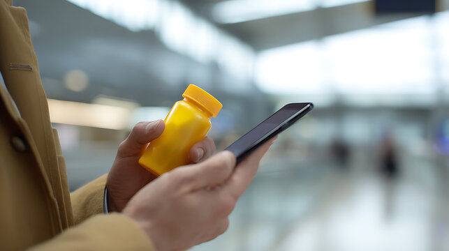 Adult hold yellow bottle, black smart phone, blurry blurred background, bright spacious modern location, light natural, focus fore ground