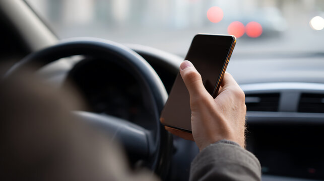 Person use a mobile phone while drive a car, focus on hand holding device, blurred steering wheel and dashboard a backdrop, bokeh traffic lights