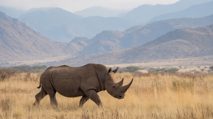 Fototapeta premium African rhinoceros walking through dry grassland with distant mountain range, calm mood