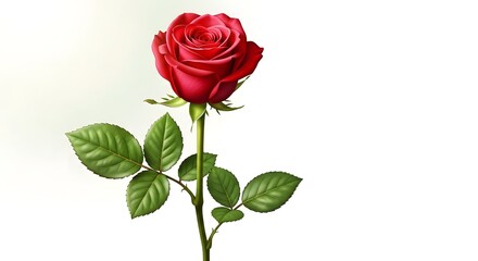A single red rose with green leaves on a white background