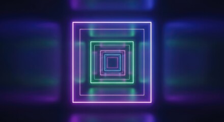 Fototapeta premium Neon lit rectangular portal with glowing purple green and blue lines