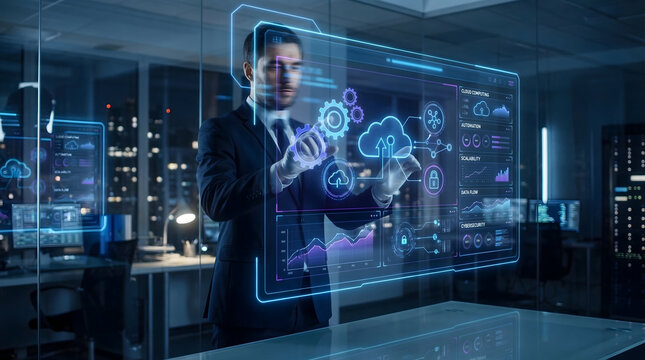 IT Manager Interacting with Cloud Computing Holographic Tech Interface