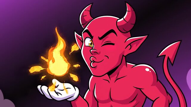 Cartoon devil holding fire in hand.