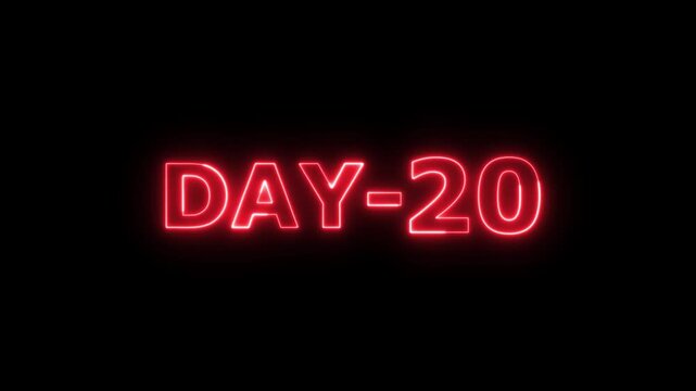neon glowing day 20 counter text animation on black background for fitness challenge and progress tracking daily habit tracking, time line markers, and motivational milestone