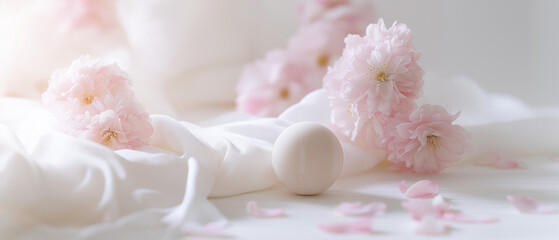 Ethereal spring still life featuring pink cherry blossoms, flowing chiffon, and a minimal pastel sphere in soft morning light.
