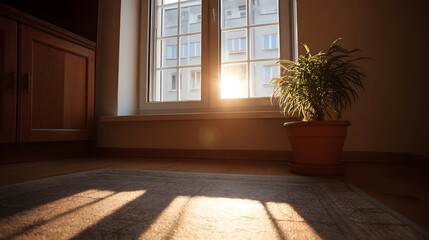 Fototapeta premium Warm sunlight streams through a window illuminating a cozy room with a potted plant and wooden furniture