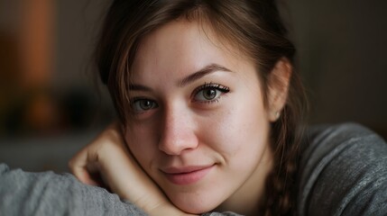 Fototapeta premium A close up portrait of a young woman with green eyes and freckles bathed in soft natural light exuding a gentle and thoughtful mood