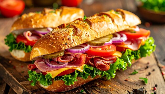 Ultra realistic close-up of a classic hoagie sandwich filled with sliced deli meats, lettuce, tomato, cheese and onions inside a fresh hoagie roll, rustic wooden table, natural lighting, professional 