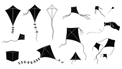 A kite silhouette illustration set in various shapes and sizes flying high