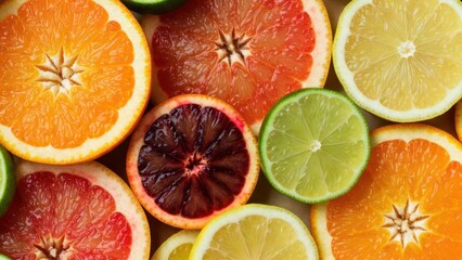 Fototapeta premium Citrus fruit slices background with orange lime grapefruit and blood orange. Bright summer pattern for healthy food concept and fresh tropical drinks.