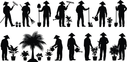 Gardener working with plants silhouette collection vector set people gardening watering rake shovel tropical plants landscaping activity isolated illustration © Hello there