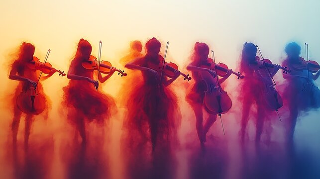 Silhouette violinists colorful performance