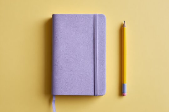 Lavender notebook with elastic band and ribbon bookmark beside yellow pencil on pastel yellow background minimal stationery flatlay for writing planning and journaling