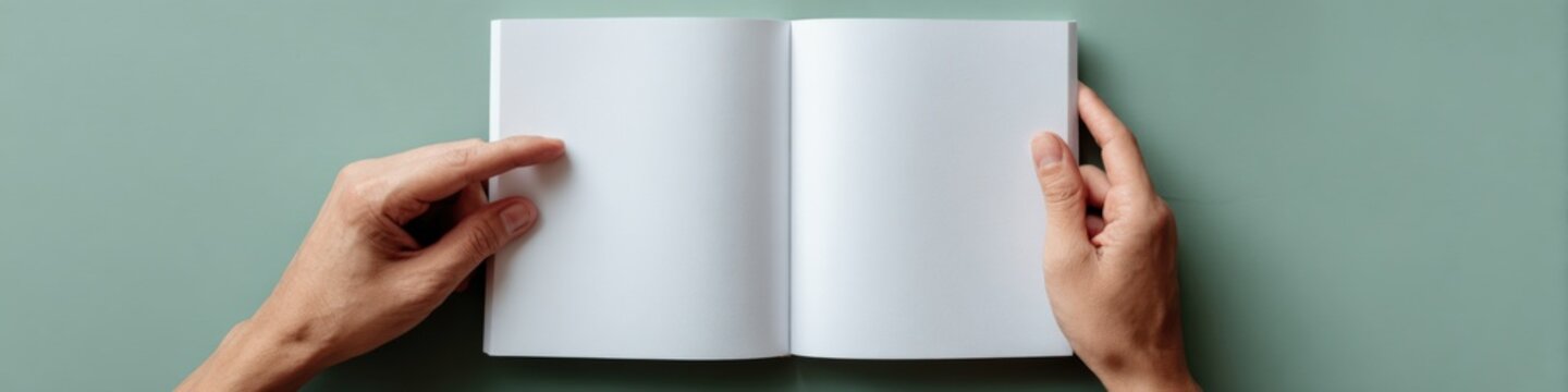 Blank open notebook hands green background