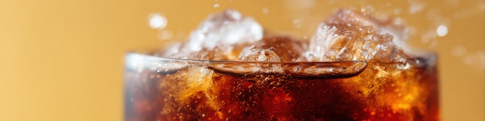 Close-up cola drink with ice splash and glass rim, dark amber soda bubbling with ice cubes and droplets, refreshing carbonated beverage captured in motion with vivid condensation and highlights