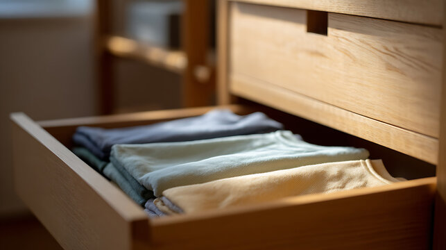 Open wooden dresser drawer filled with neatly folded pastel colored clothing items, showcasing organization and simple home aesthetic in soft light