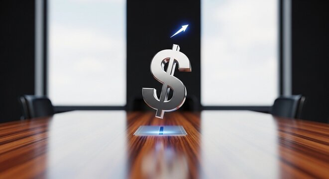 Three dimensional silver dollar currency symbol levitating above a polished wooden conference table with a glowing blue light signaling financial growth and investment success.