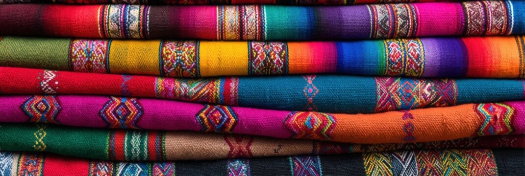 Vibrant handwoven andean textiles stacked colorful stripes geometric motifs traditional patterns artisanal weaving from market display