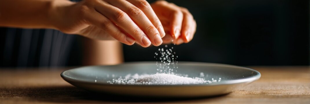 African female adult sprinkling salt over plate closeup hands seasoning food minimalist kitchen scene
