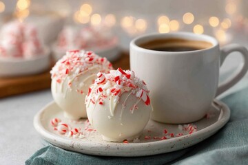 White chocolate peppermint hot cocoa bombs with crushed candy cane topping on a plate beside a steaming mug of coffee or hot cocoa