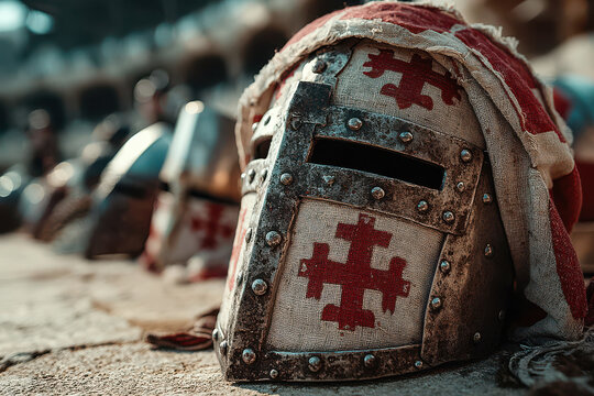 a st george red and white flag draped over a knights helmet, St Georges day