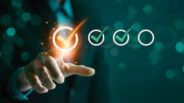 Hand pointing to glowing success checkmarks with golden light effect isolated on transparent background