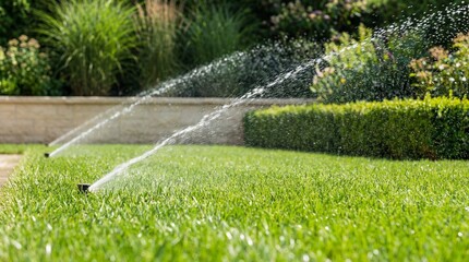 Obraz premium Sprinklers watering a green lawn in a landscaped garden