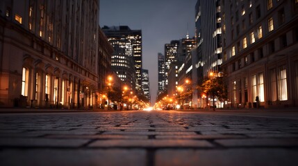 Obraz premium Low angle view of a city street at night illuminated by warm streetlights and building