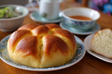 Soft golden brioche loaf served with tea and butter on ceramic plates at a cozy breakfast table warm fresh baked bread