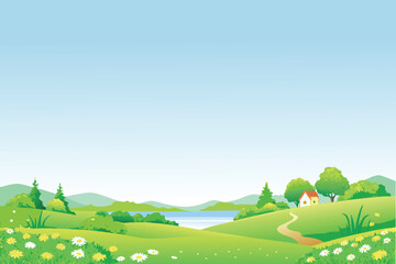 Naklejka premium Cartoon Countryside Landscape with House Lake and Flowers. Vector Illustration