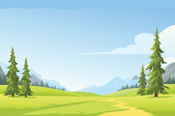 Cartoon Landscape with Green Hills Pine Trees and Winding Path Under Blue Sky © MAYENUDDIN