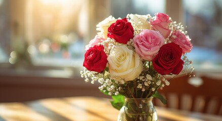 Obraz premium Romantic Rose Bouquet - Red, Pink, and White Roses with Babys Breath.