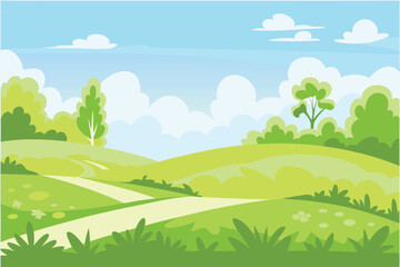 Obraz premium Cartoon Landscape with Winding Path Through Green Hills and Blue Sky Illustration