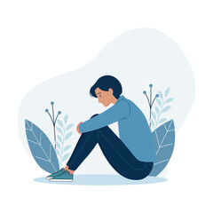 Sad man sitting alone, depression and loneliness concept, mental health illustration